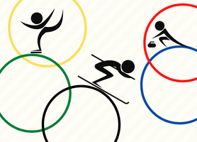 graphic featuring 5 colors of olympic rings, a figure skater, downhill skiing, and curling.