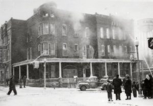 4.	Kaukauna Hotel burns at the top of the bridge, corner of Lawe and Wisconsin Ave. Photo from KPL archives.  11-03-1951.