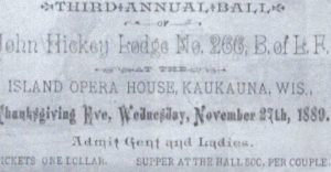 2.	Ticket for 3rd annual Thanksgiving ball at the opera house. 1889